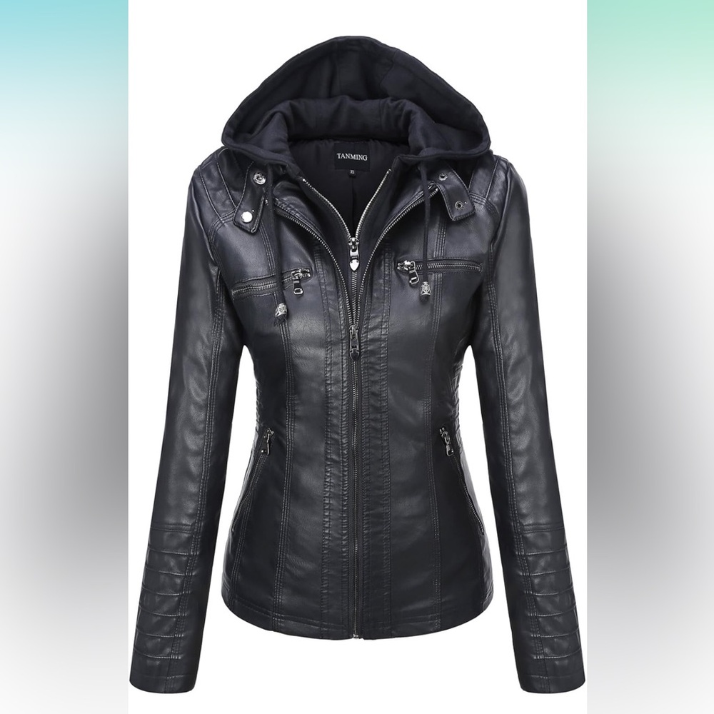 Tanming Women's Removable Hooded Faux Leather Jackets